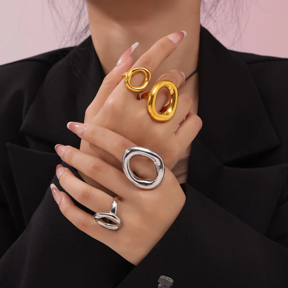 316L Stainless Steel Gold Plated Big Ring for Women Oval Hollow Personality Ring Female Luxury Waterproof Jewelry