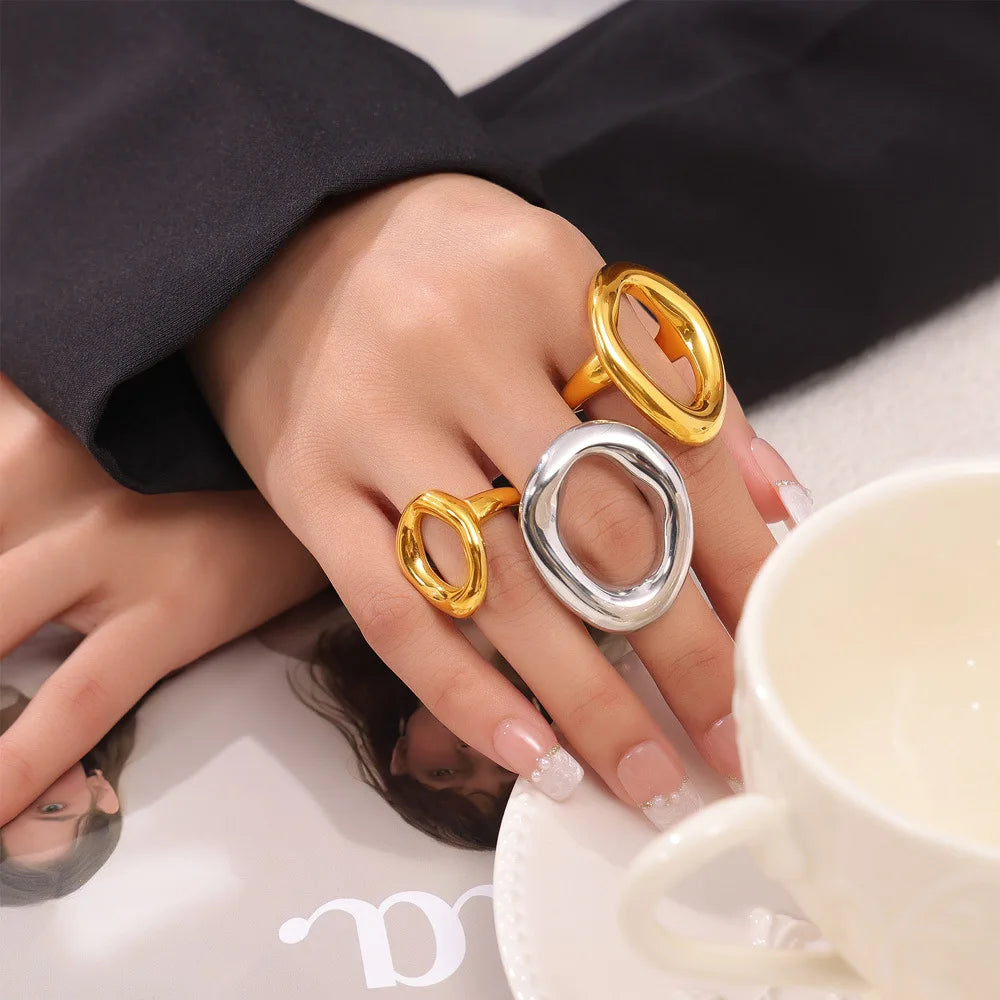 316L Stainless Steel Gold Plated Big Ring for Women Oval Hollow Personality Ring Female Luxury Waterproof Jewelry